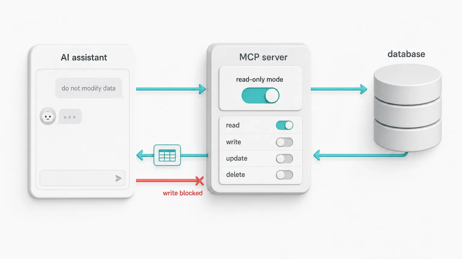 Access level should be server configuration, not a sentence in the prompt. Read-only mode needs to be enforced before a tool call reaches the database.