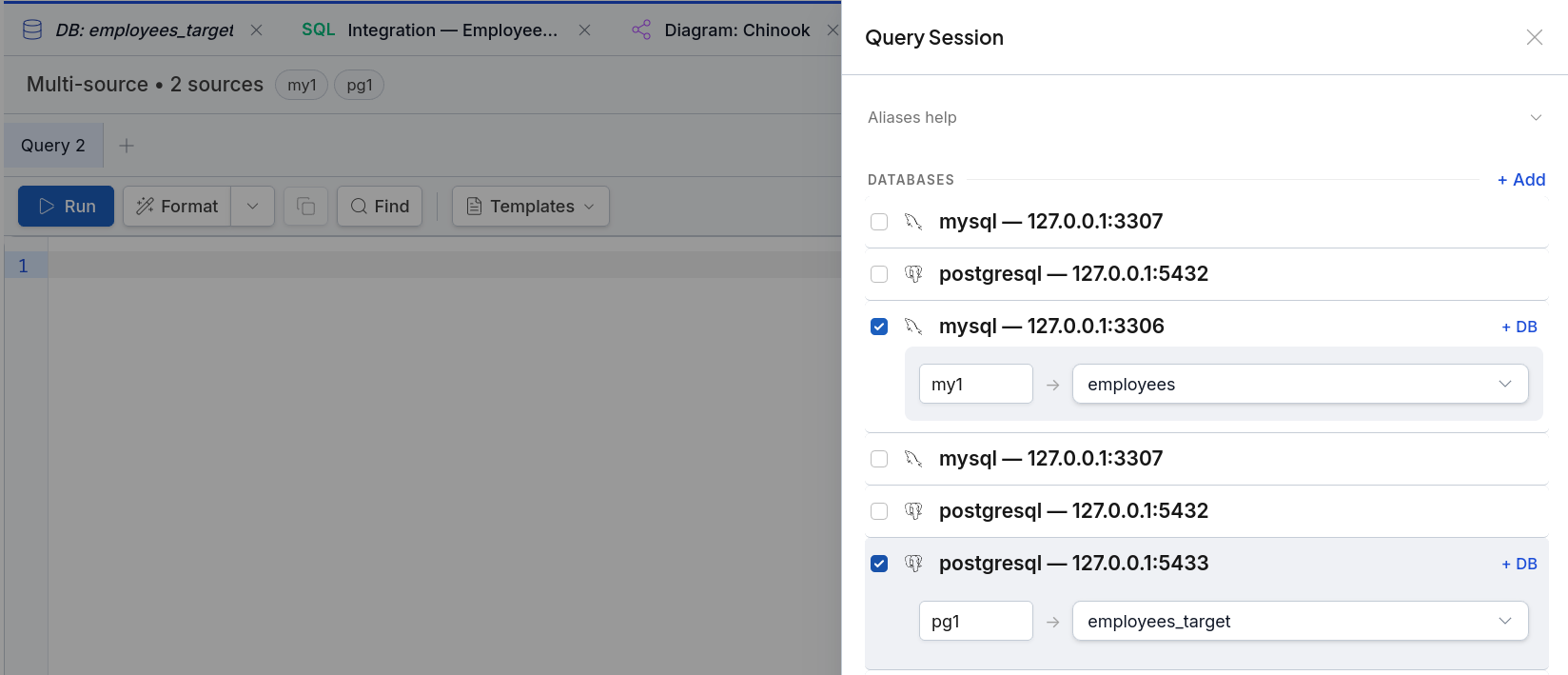 Query Session panel with two sources checked: MySQL on port 3306 aliased as my1 pointing at the employees database, and PostgreSQL on port 5433 aliased as pg1 pointing at employees_target