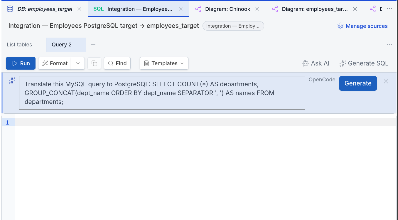 Generate SQL bar in the DBConvert Streams SQL Console with the prompt: Translate this MySQL query to PostgreSQL, followed by the GROUP_CONCAT query, and a Generate button