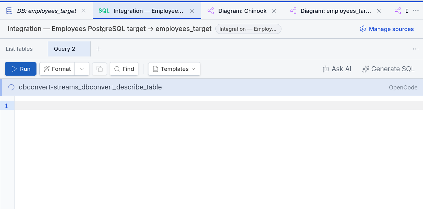 The Generate SQL bar showing a dbconvert describe_table tool call in progress while the agent inspects the live schema