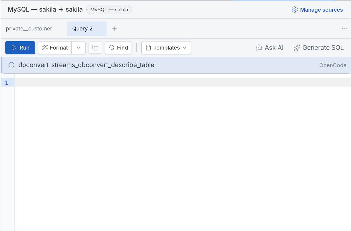 The SQL console showing dbconvert_describe_table running mid-request
