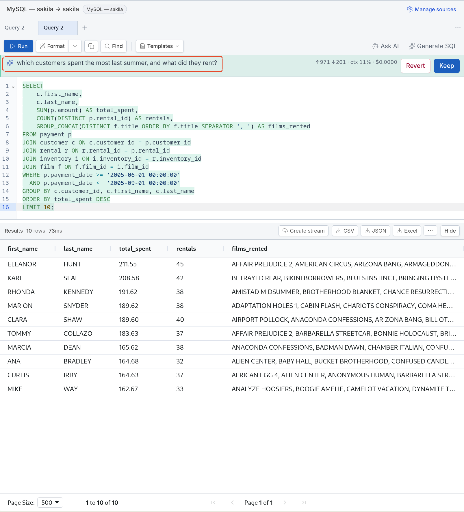 Generate SQL: the second ask, a query with a June to August date window and GROUP_CONCAT of film titles, 10 rows in 73ms