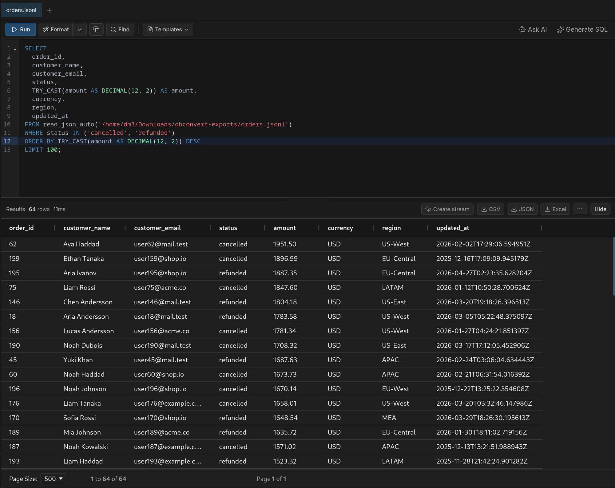 DBConvert Streams querying a JSONL orders file in a table