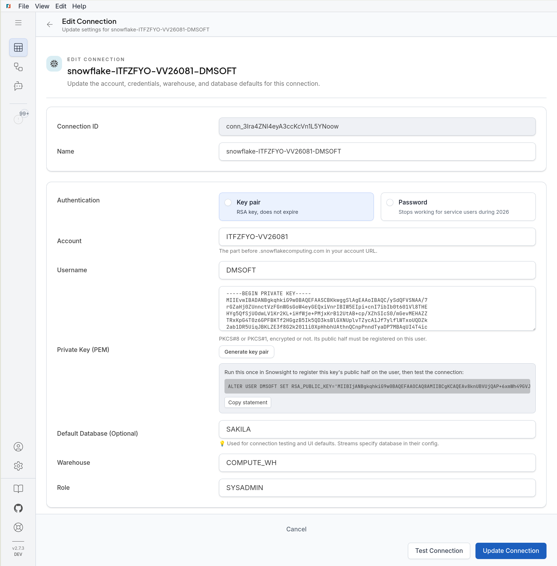 Snowflake connection form in DBConvert Streams with key pair authentication, the Generate key pair button and the ALTER USER statement to run in Snowsight
