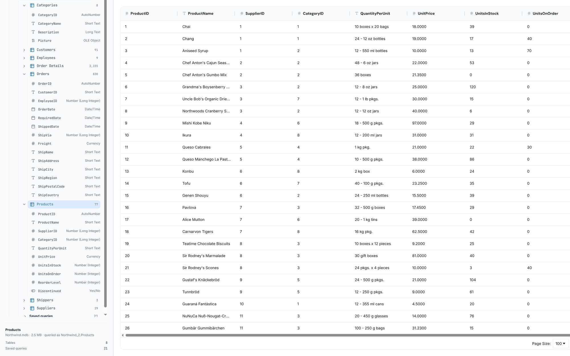 Northwind.mdb in the DBConvert Streams MDB and ACCDB Viewer: the Products table with its rows, and the file tree listing every table with its Access column types
