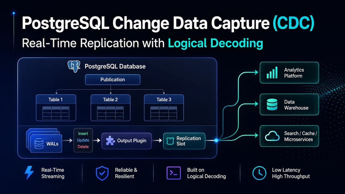 PostgreSQL Change Data Capture (CDC): WAL, output plugin and replication slot feeding analytics, warehouse and cache targets