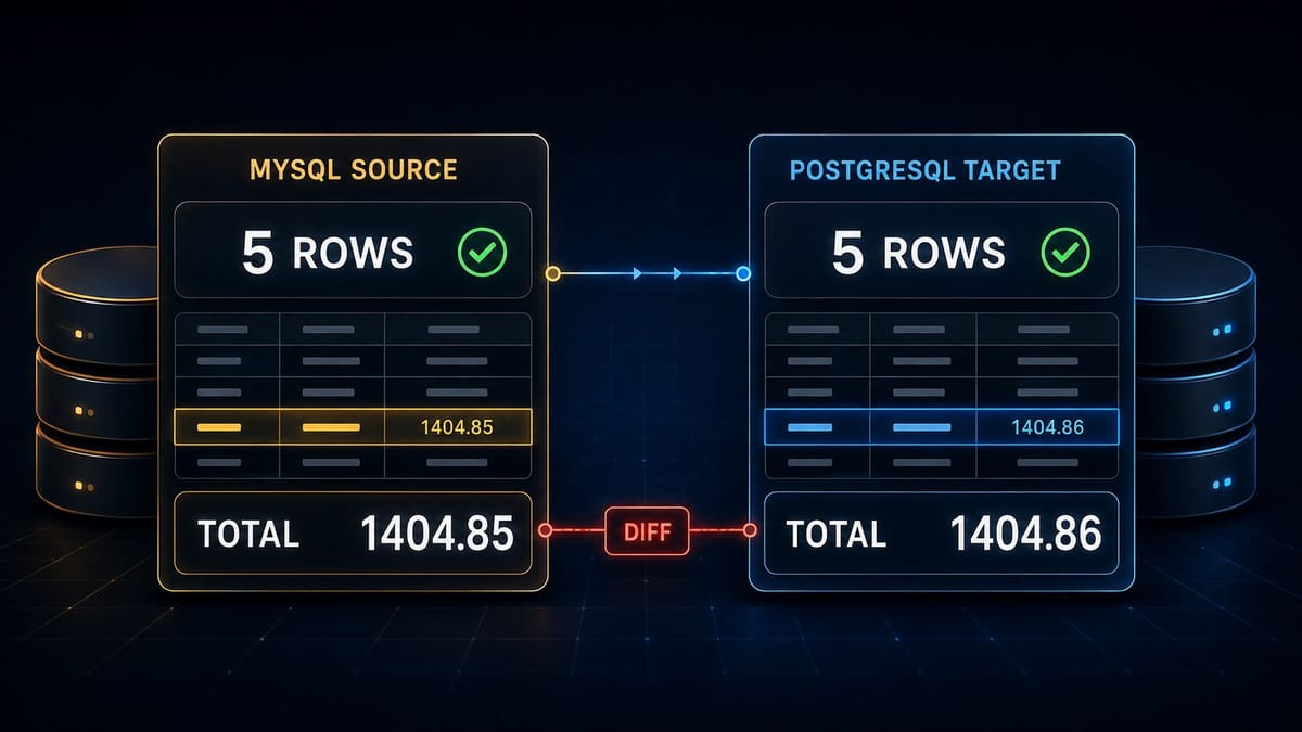 MySQL and PostgreSQL tables both contain five rows, but their totals differ by one cent.