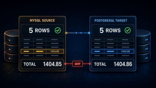 MySQL and PostgreSQL tables both contain five rows, but their totals differ by one cent.