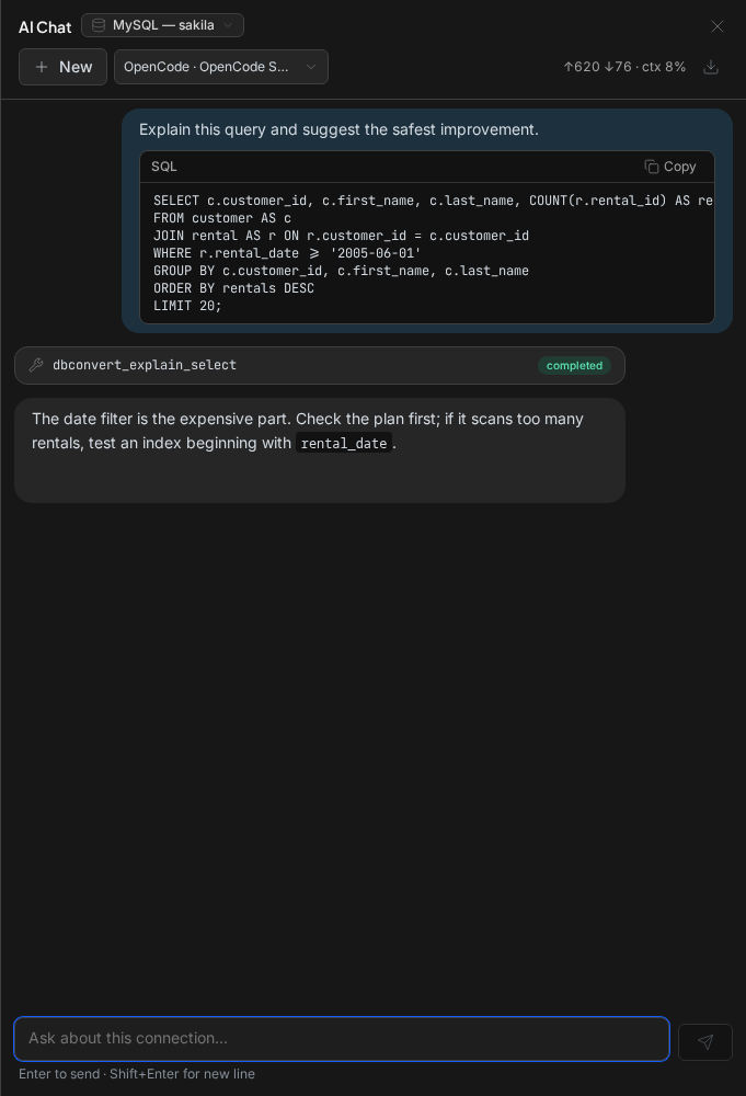 AI Chat analysing a query opened from the SQL Console