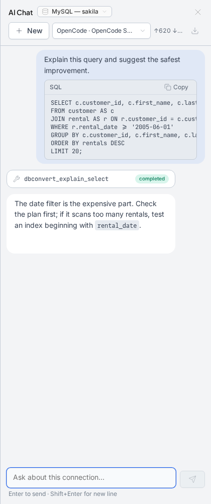 AI Chat analysing a query opened from the SQL Console