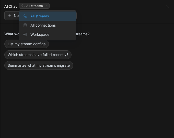 AI Chat scope switcher showing All streams, All connections, Workspace, and recent chats
