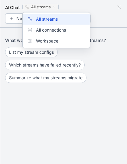 AI Chat scope switcher showing All streams, All connections, Workspace, and recent chats