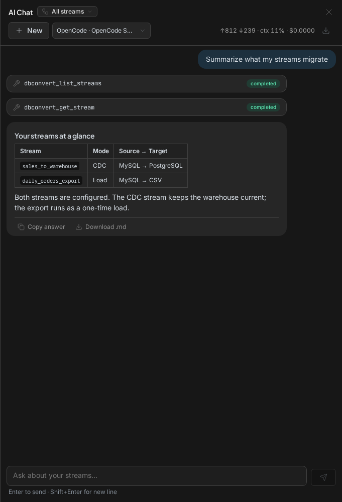 AI Chat stream analysis with completed read-only tool cards and a formatted answer