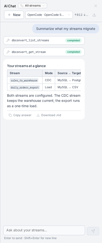 AI Chat stream analysis with completed read-only tool cards and a formatted answer