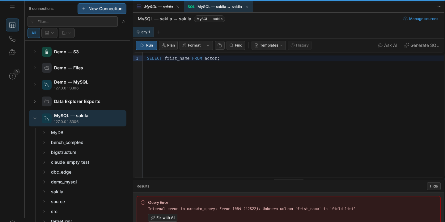 Query Error panel with the Fix with AI action