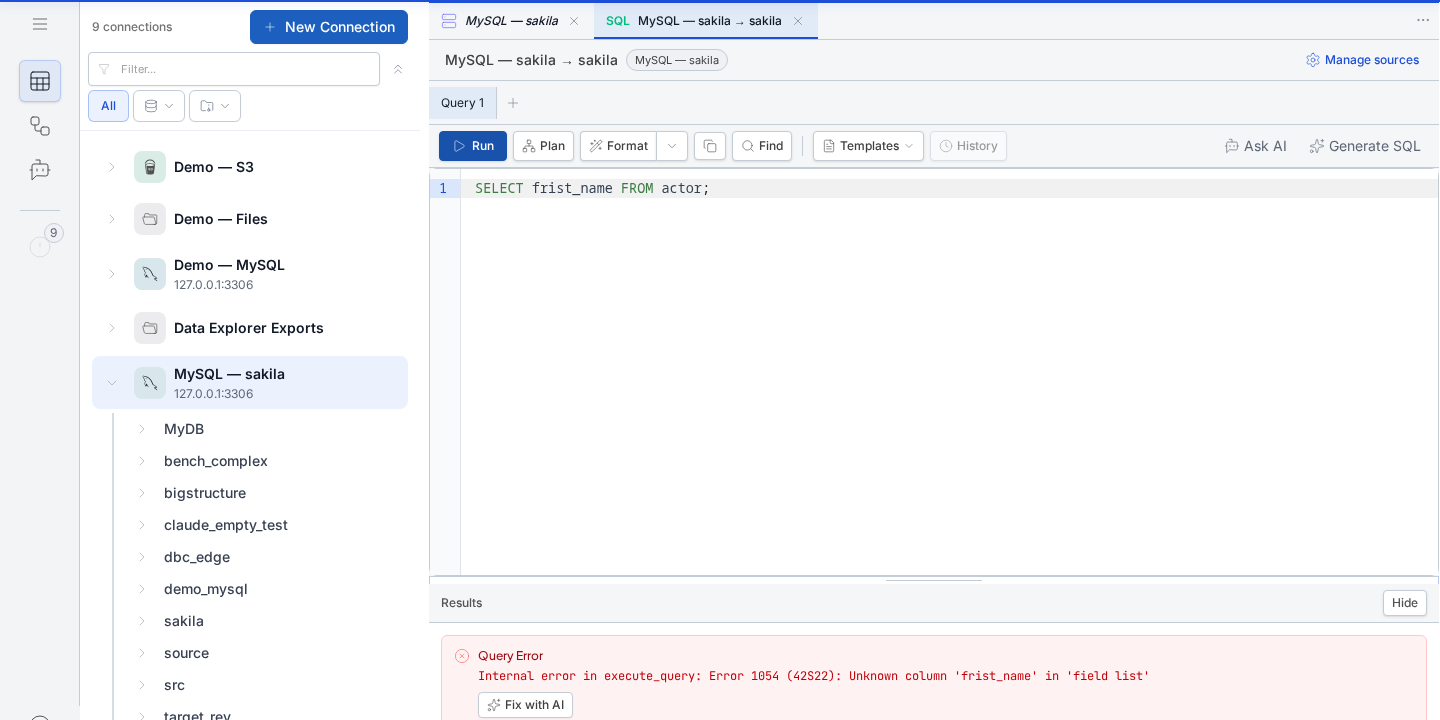 Query Error panel with the Fix with AI action