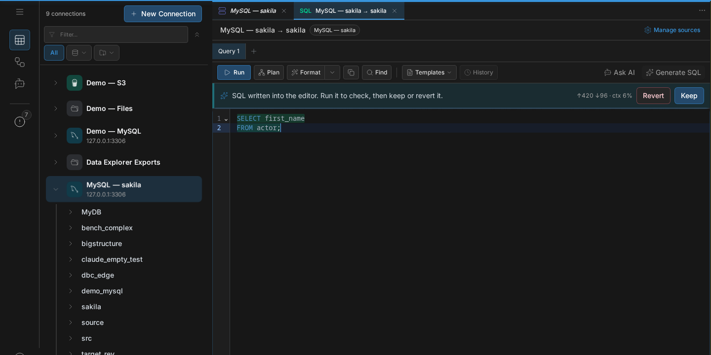 Generated SQL highlighted in the editor with Revert and Keep actions