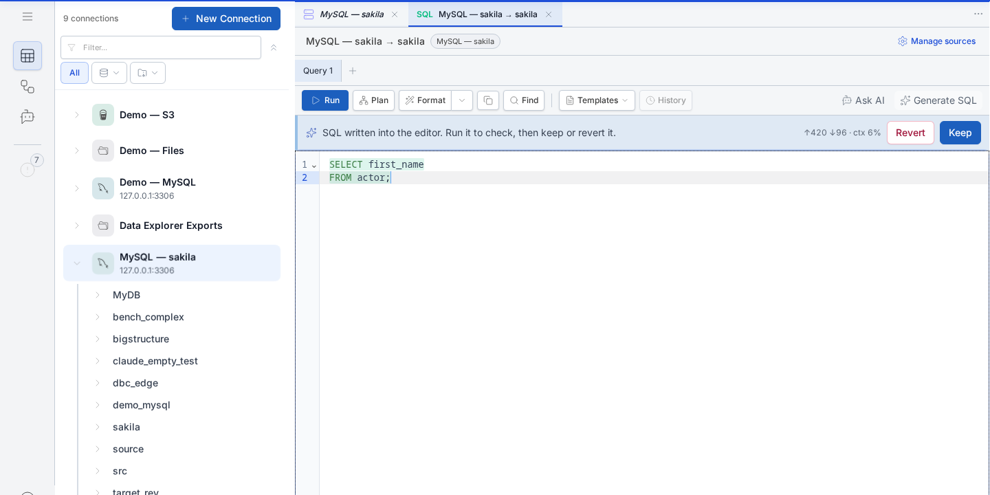 Generated SQL highlighted in the editor with Revert and Keep actions