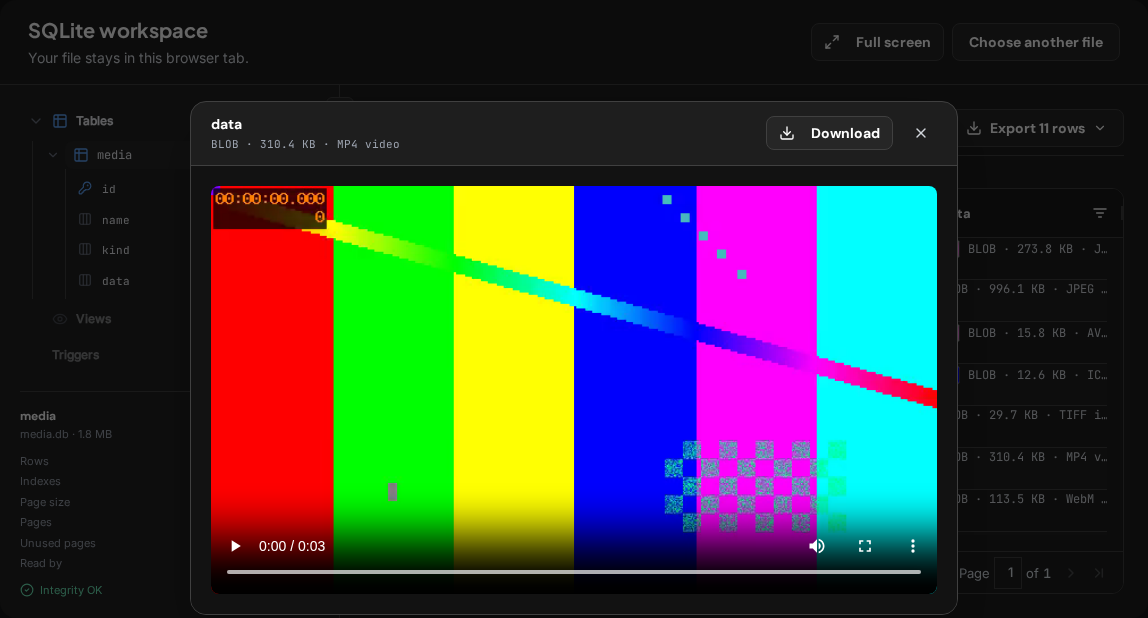 The value preview showing a video stored in a SQLite blob, with playback controls