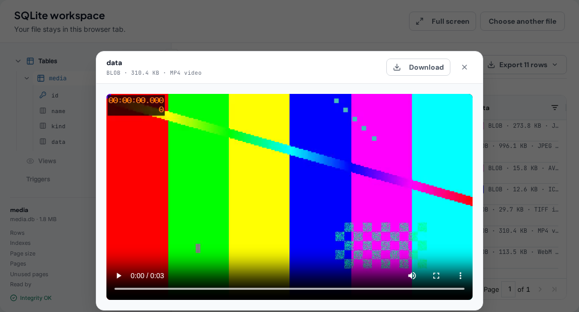 The value preview showing a video stored in a SQLite blob, with playback controls