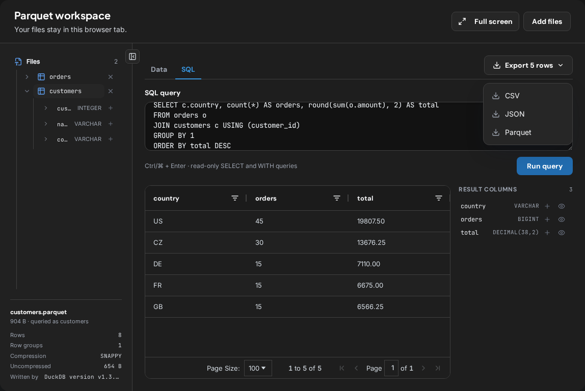 The export menu offering CSV, JSON and Parquet