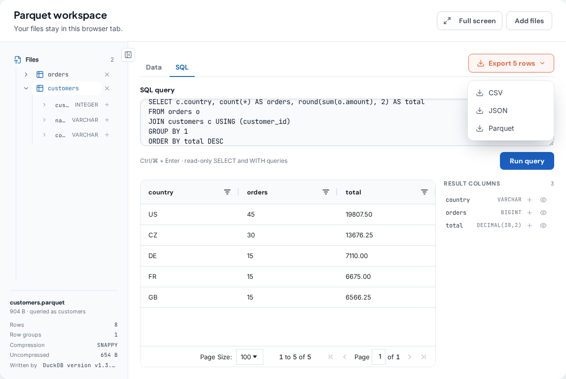 The export menu offering CSV, JSON and Parquet