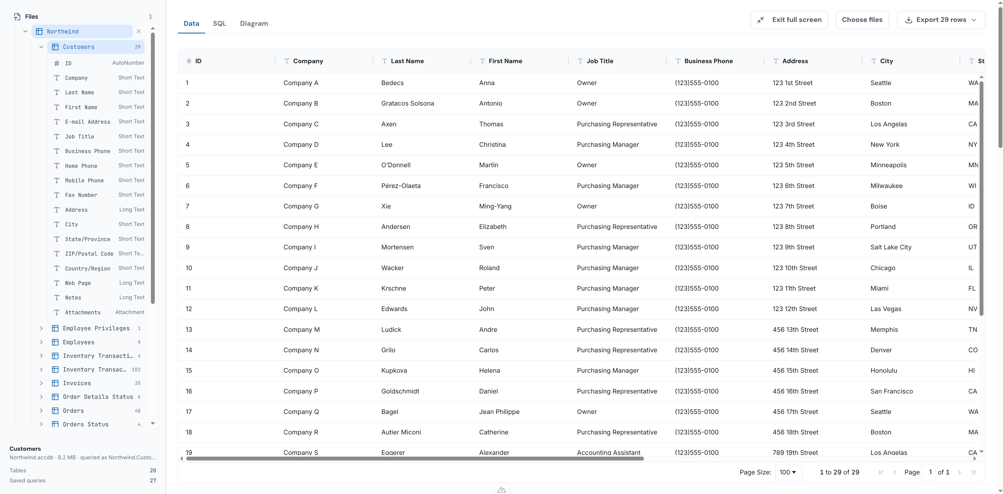 The Access viewer showing tables and rows from an opened MDB database