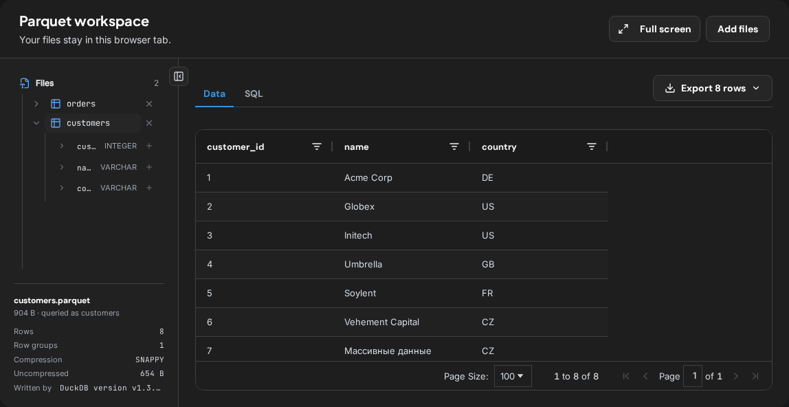 The Data tab of the Parquet viewer with two files in the sidebar tree, one expanded to its columns, and the file information panel below the tree