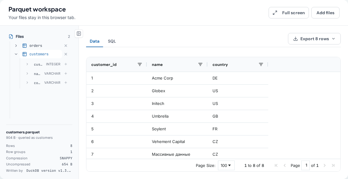 The Data tab of the Parquet viewer with two files in the sidebar tree, one expanded to its columns, and the file information panel below the tree