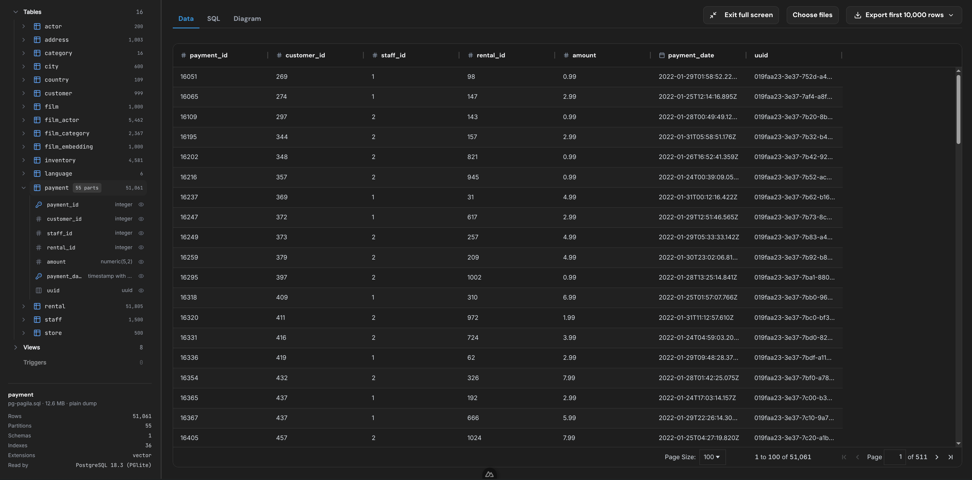The PostgreSQL dump viewer showing tables and rows from an opened backup