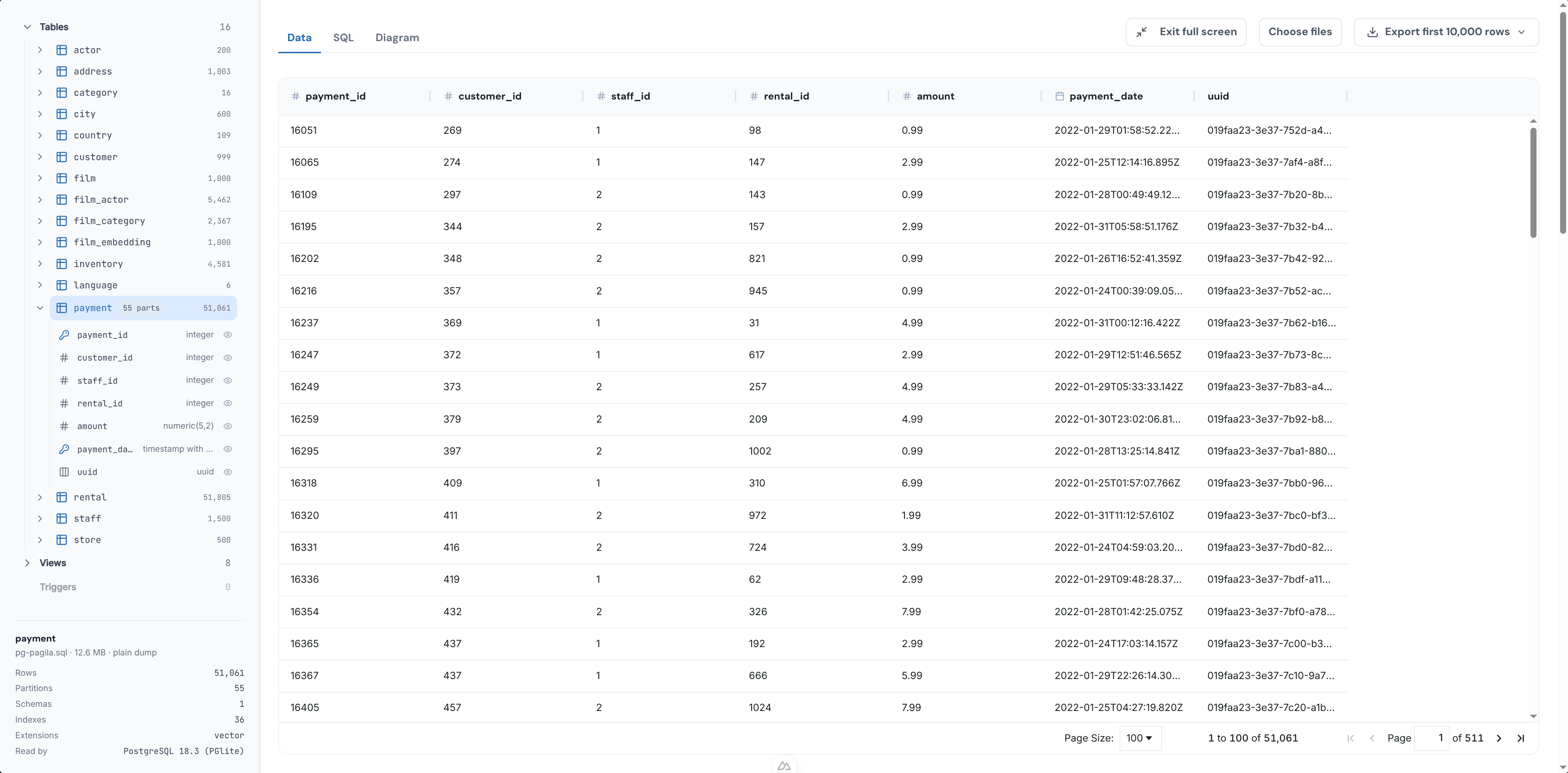 The PostgreSQL dump viewer showing tables and rows from an opened backup