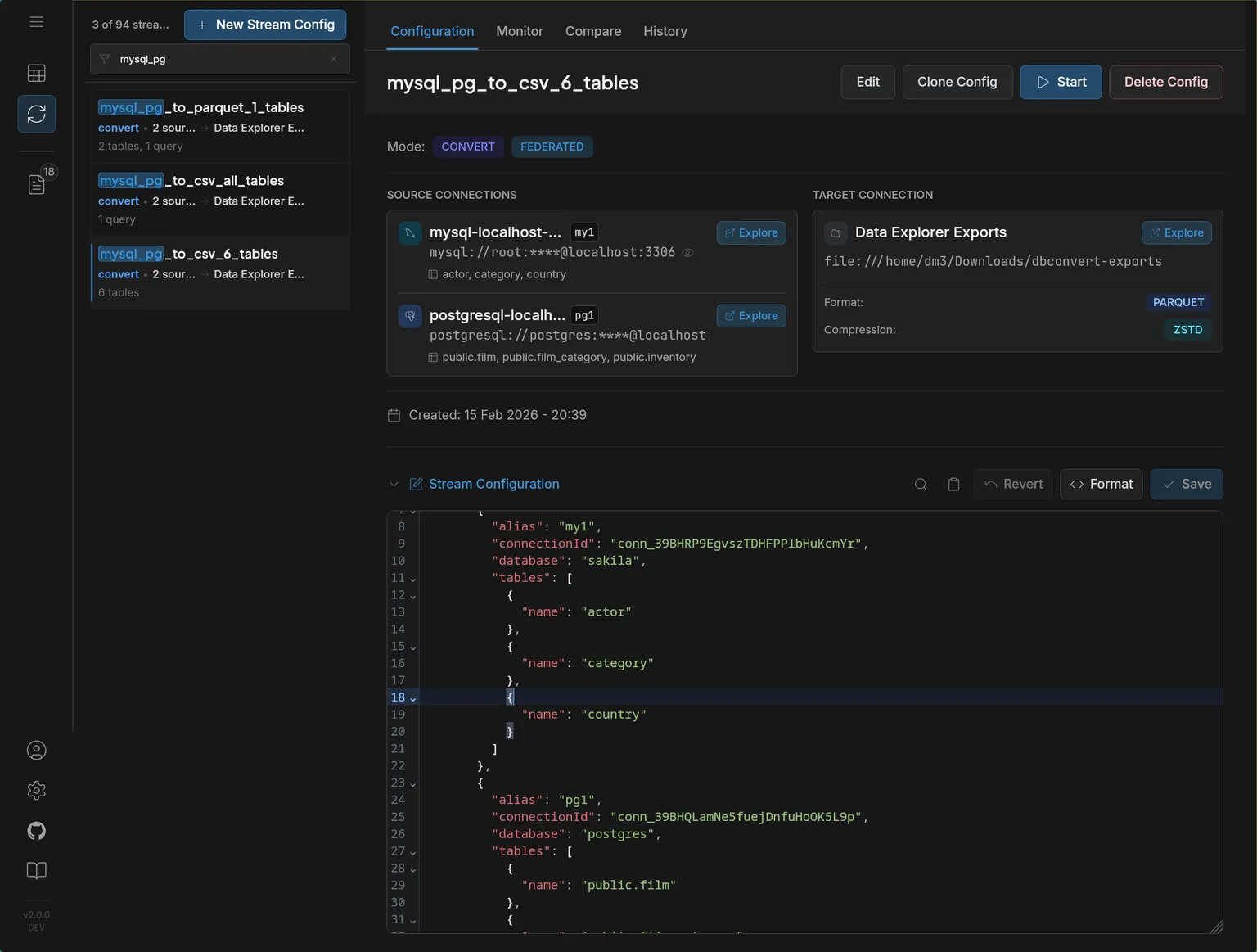 Stream configuration with source and target connections