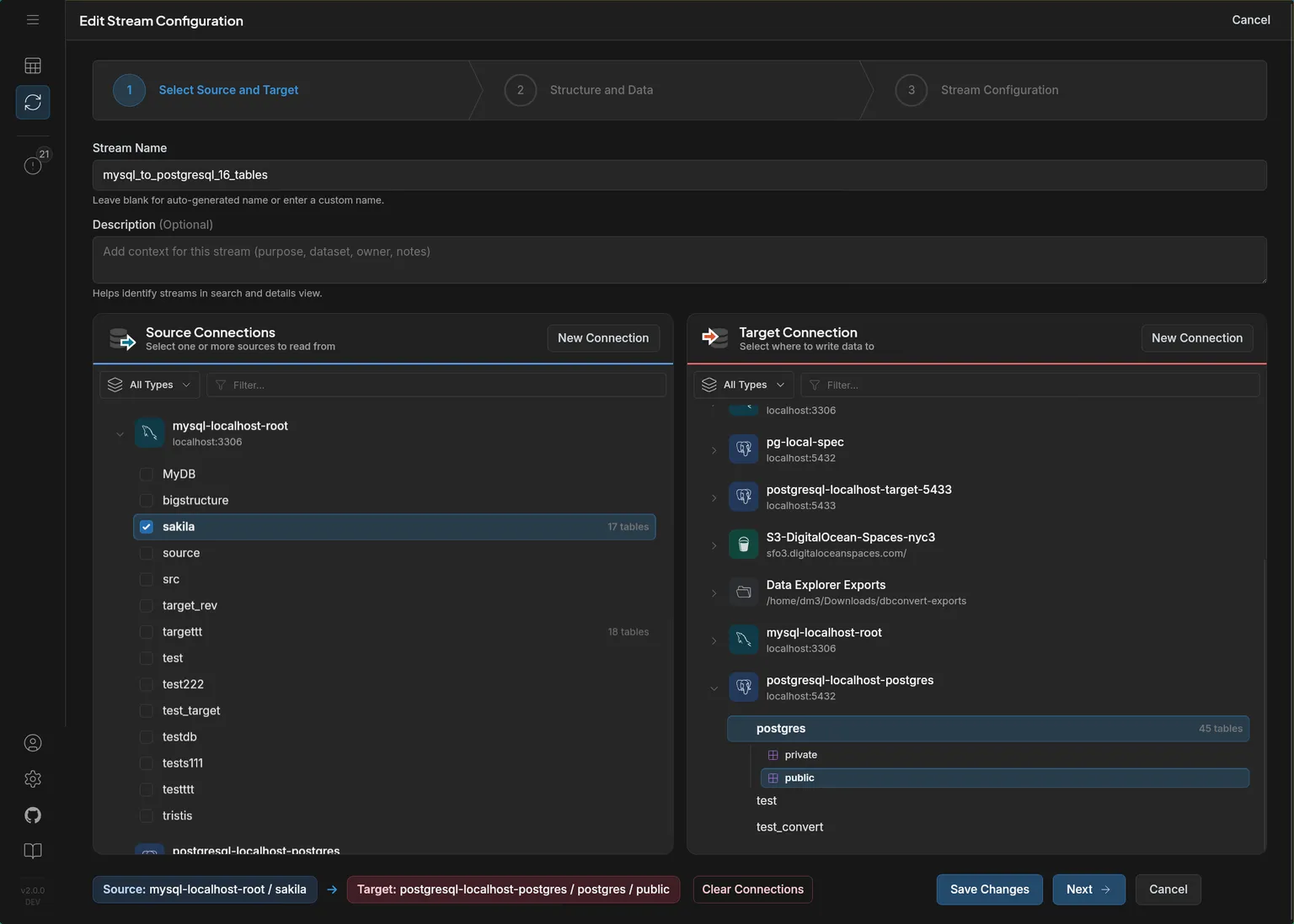 Stream creation wizard showing database and file/S3 connections as source and target