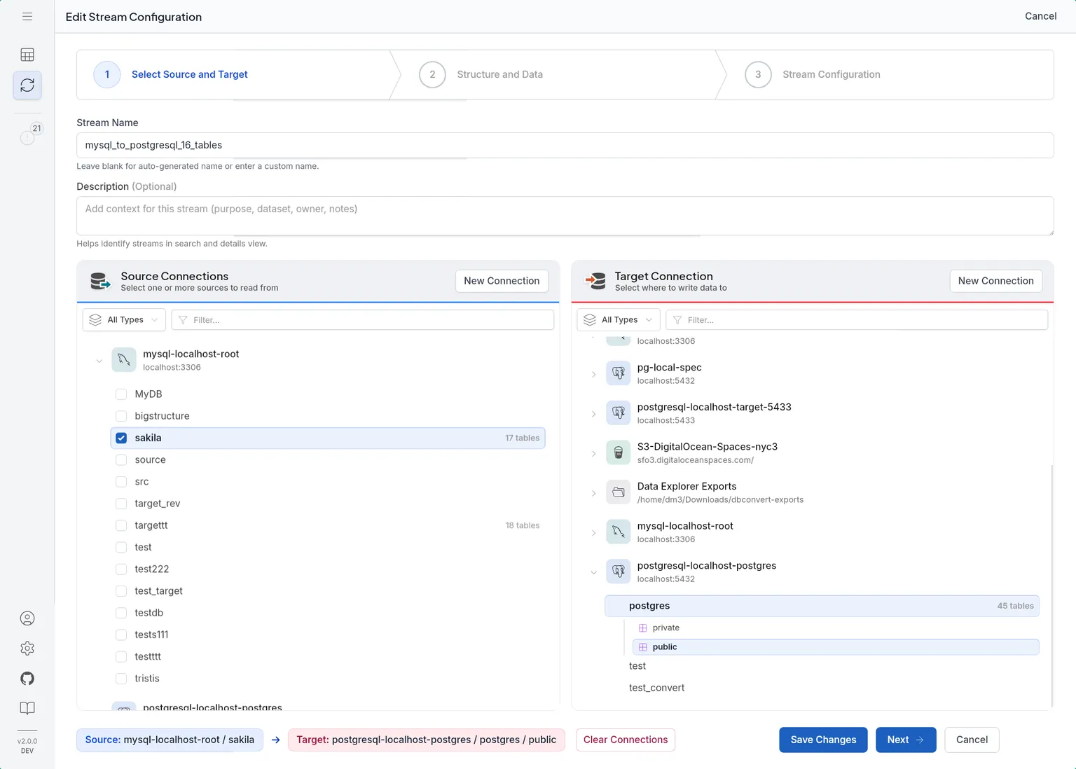 Stream creation wizard showing database and file/S3 connections as source and target