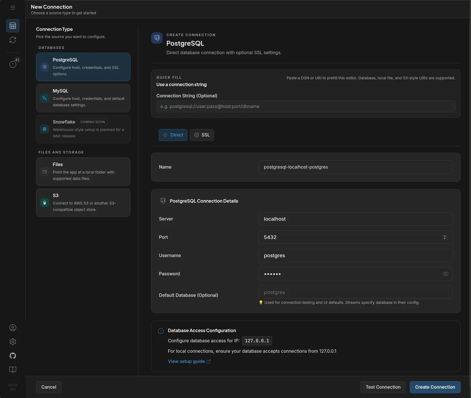 New connection form showing PostgreSQL connection details and connection testing actions