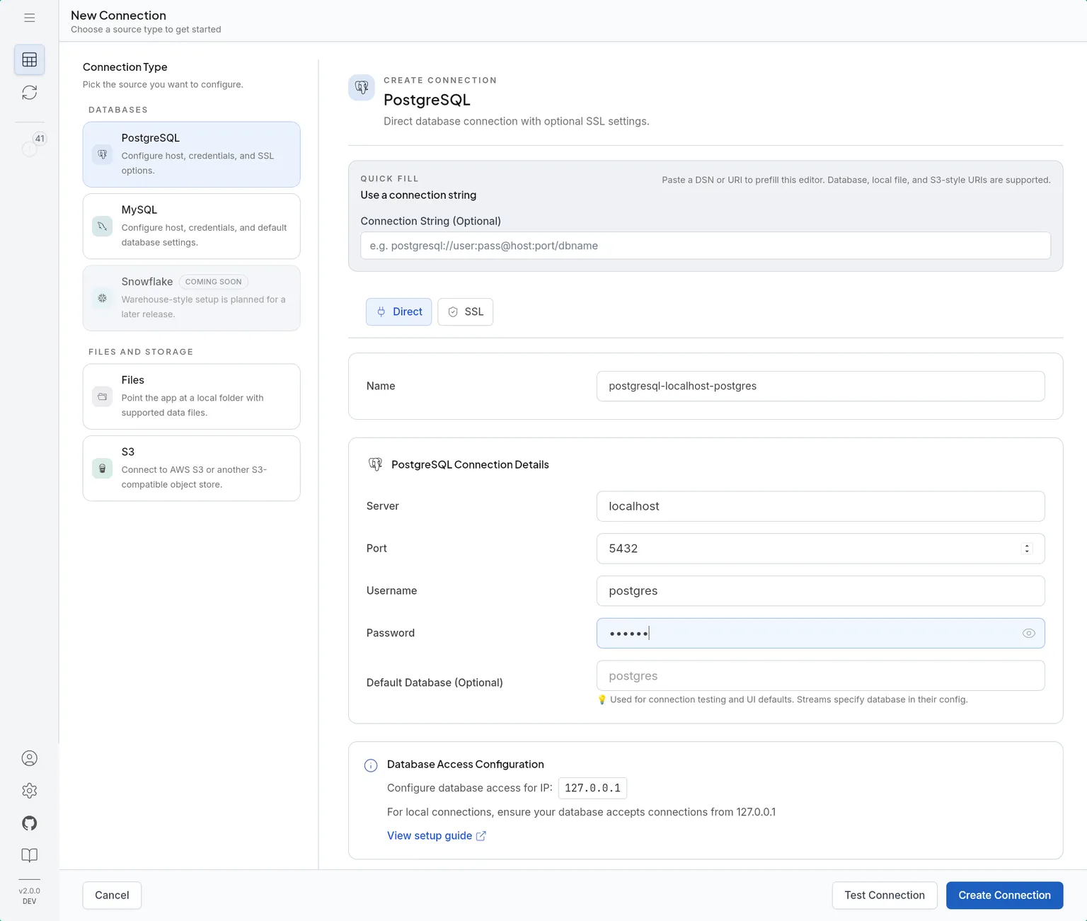 New connection form showing PostgreSQL connection details and connection testing actions