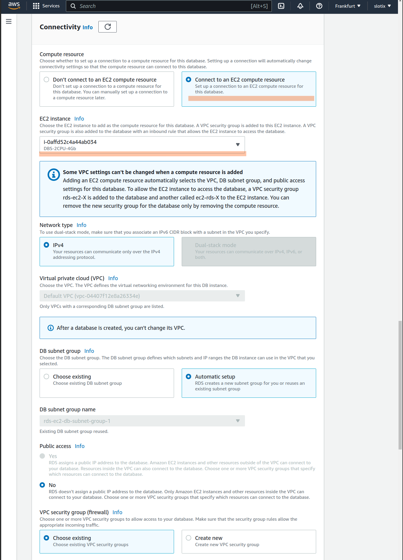 RDS connectivity settings showing VPC, subnet, and security group configuration