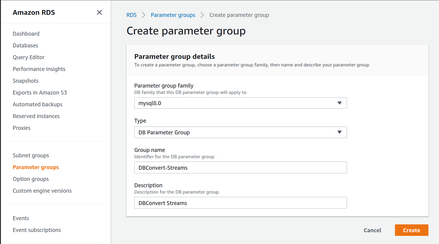 Create a custom parameter group for DBConvert Streams