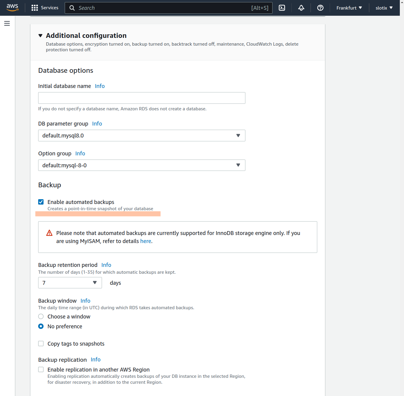 Enable automated backups in Additional configuration