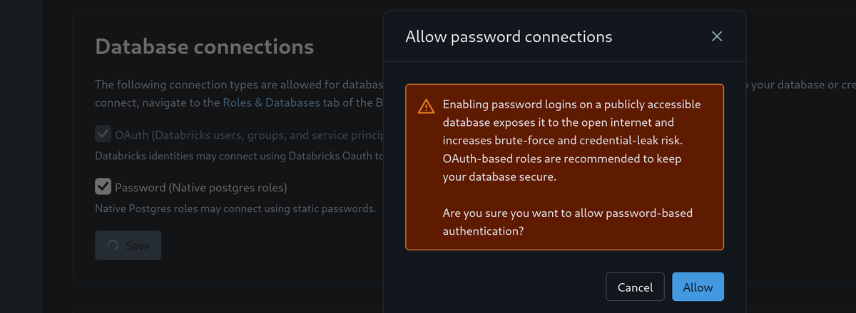 Database connections settings with Password enabled and the confirmation dialog open