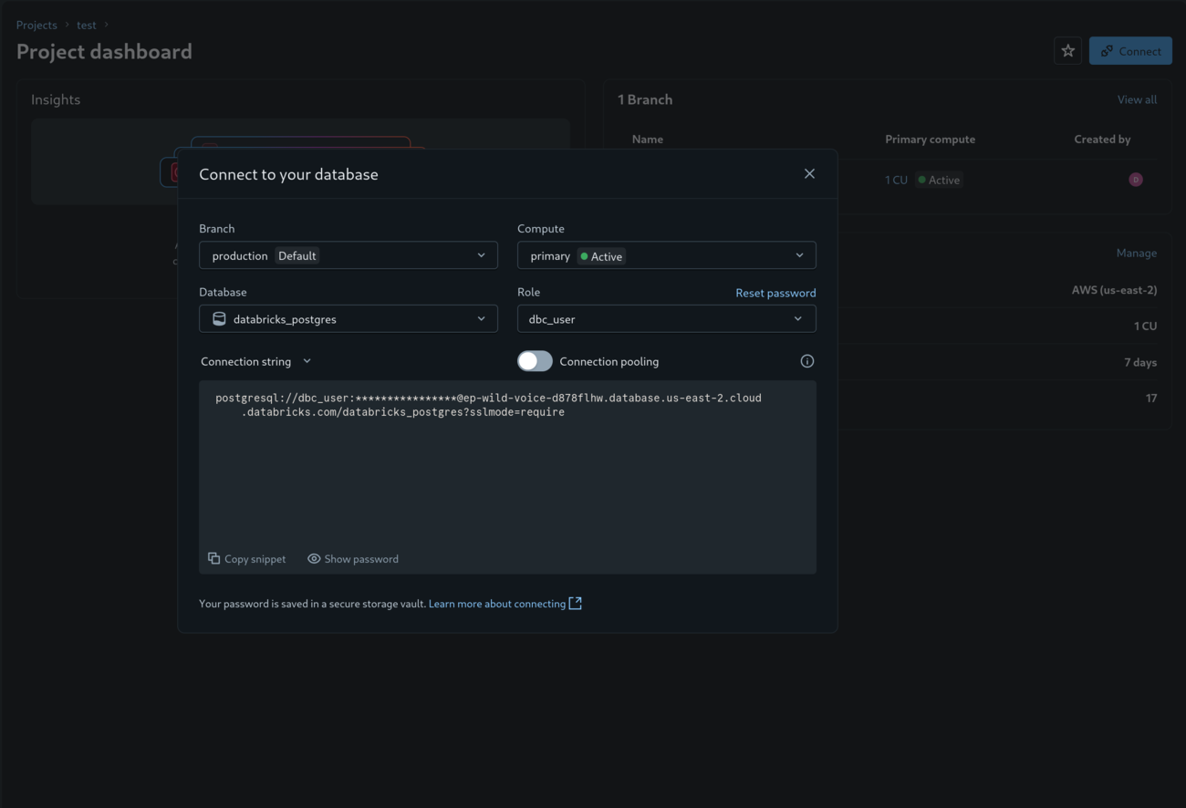 Connect dialog with the password role selected and connection pooling off
