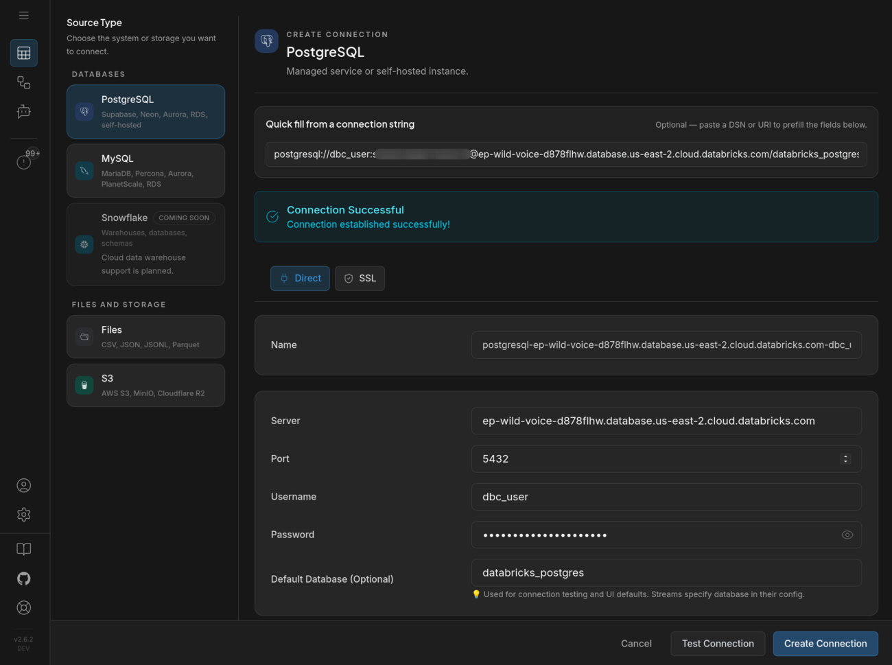 DBConvert Streams PostgreSQL connection form filled from a Lakebase connection string, reporting Connection Successful