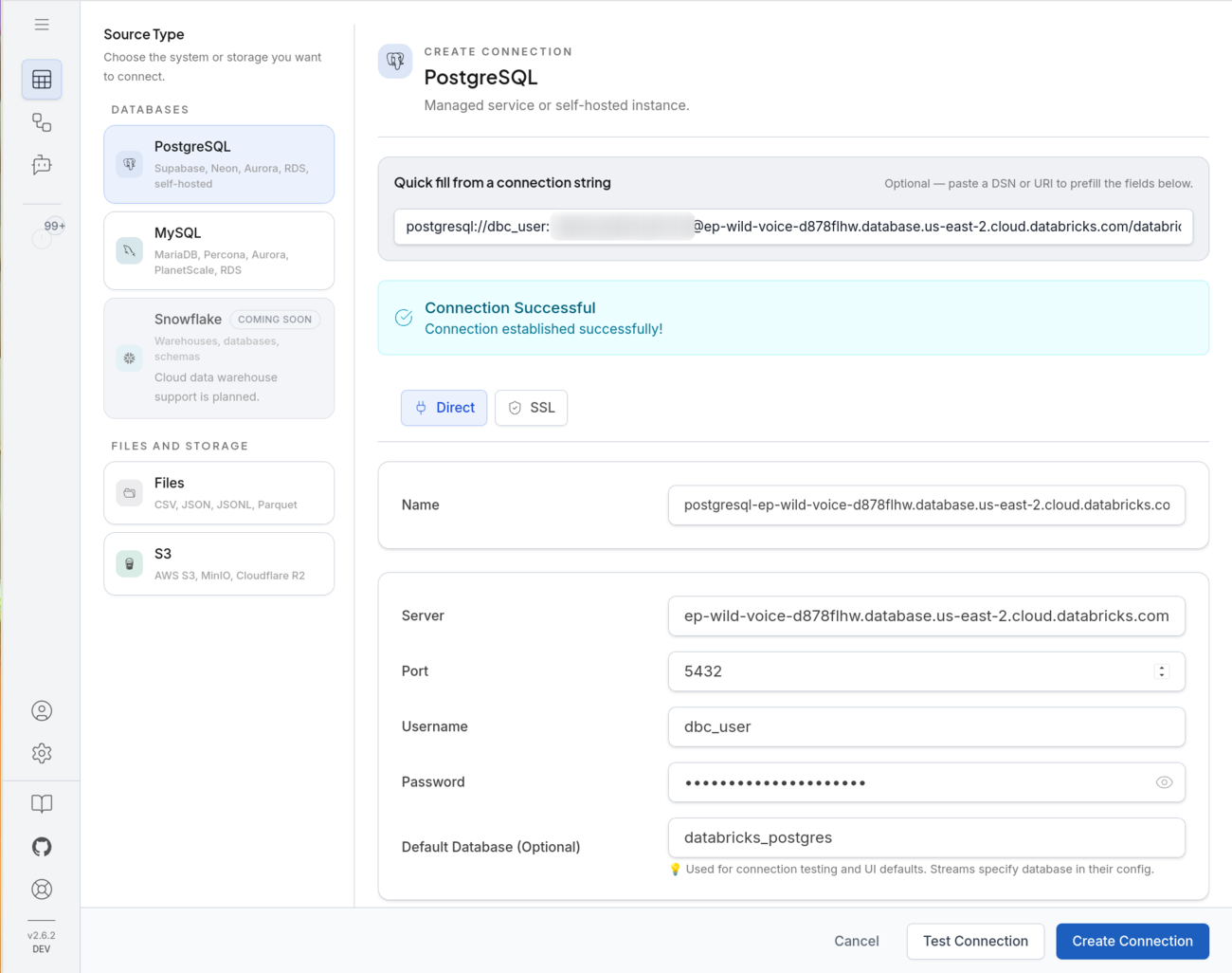 DBConvert Streams PostgreSQL connection form filled from a Lakebase connection string, reporting Connection Successful