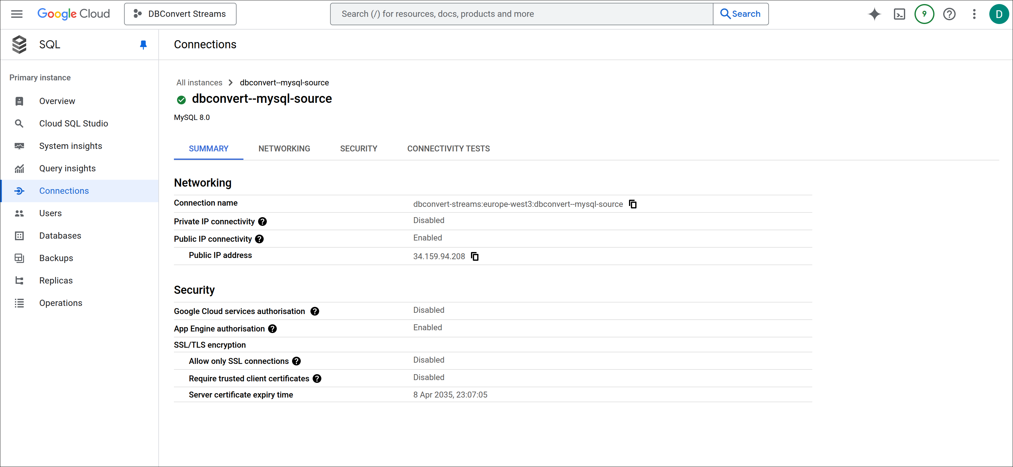 Cloud SQL Connections Summary