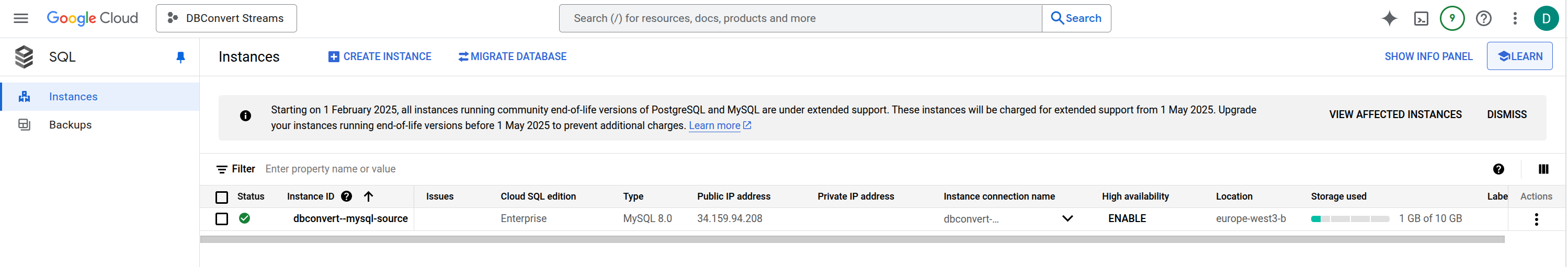 select MySQL/ PostgreSQL instance