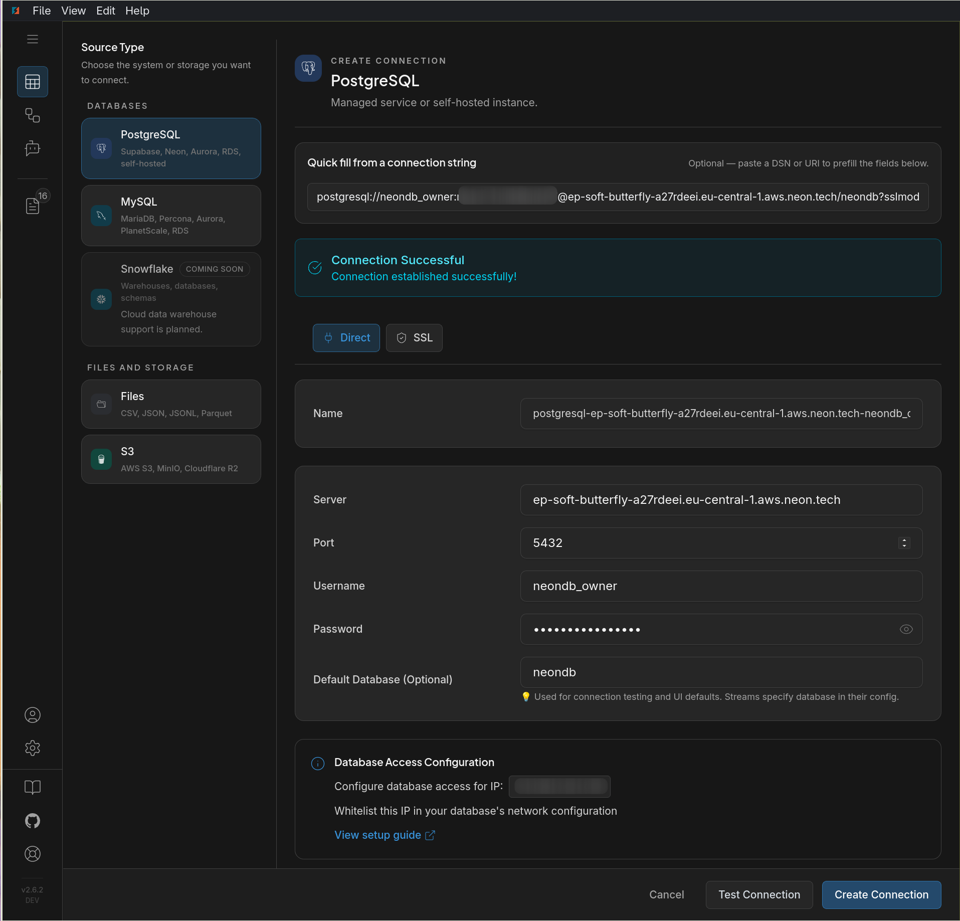 DBConvert Streams PostgreSQL connection form filled from a Neon connection string