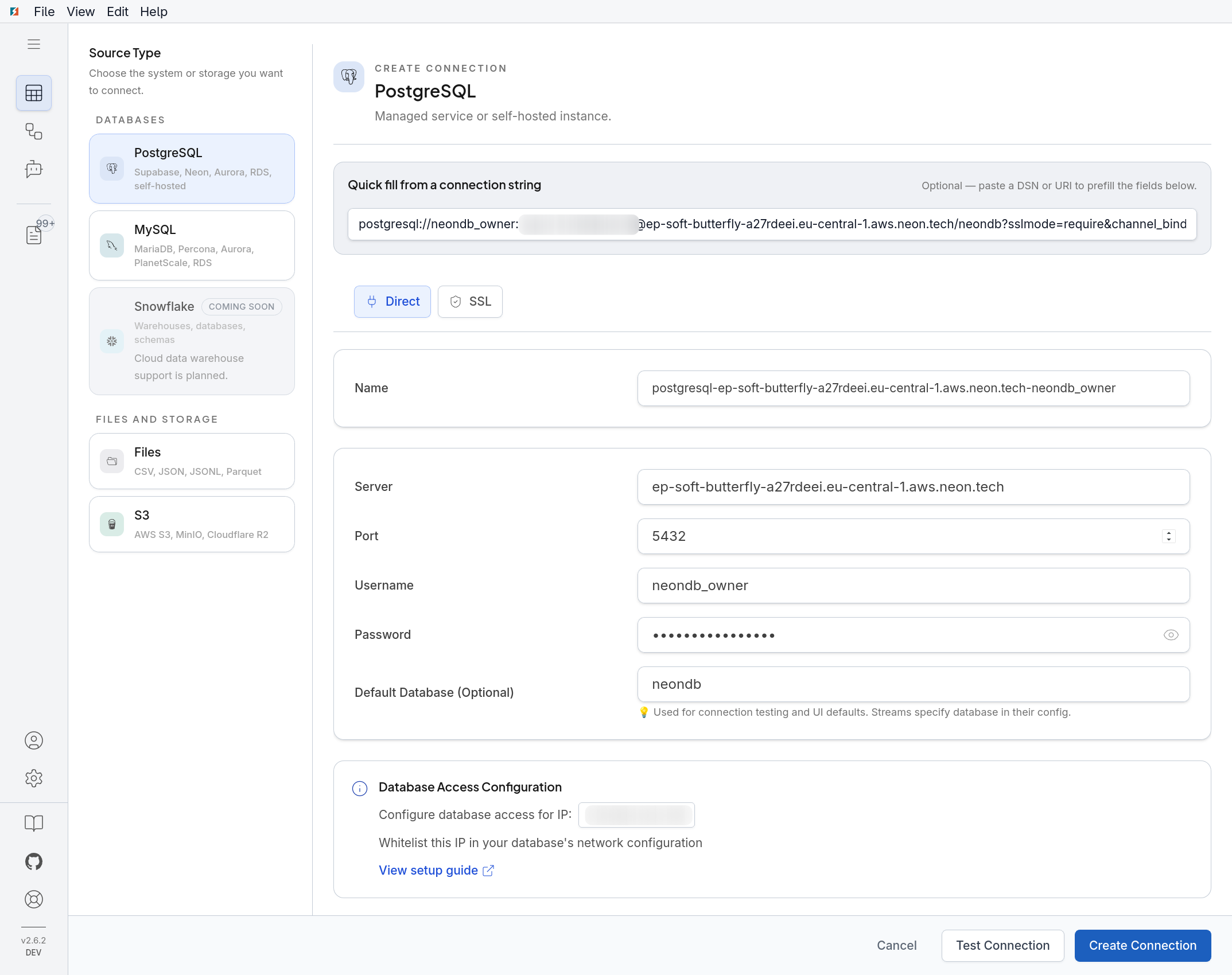 DBConvert Streams PostgreSQL connection form filled from a Neon connection string