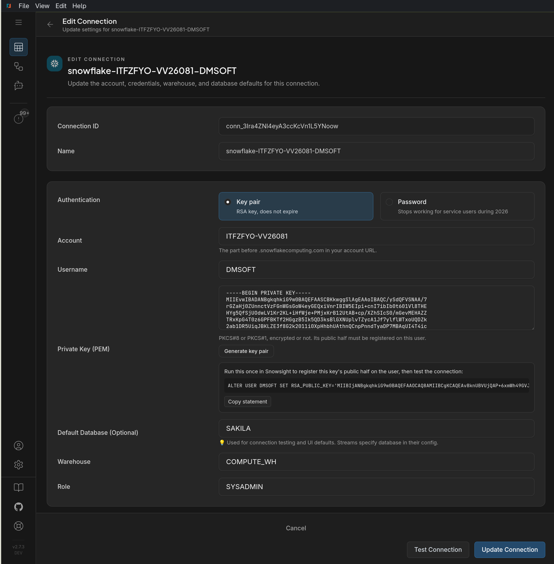 Snowflake connection form in DBConvert Streams with Key pair authentication selected, showing the private key field, the Generate key pair button and the ALTER USER statement to run in Snowsight