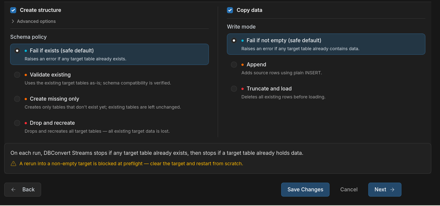 Structure and Data step for a Snowflake target showing Schema policy and Write mode options