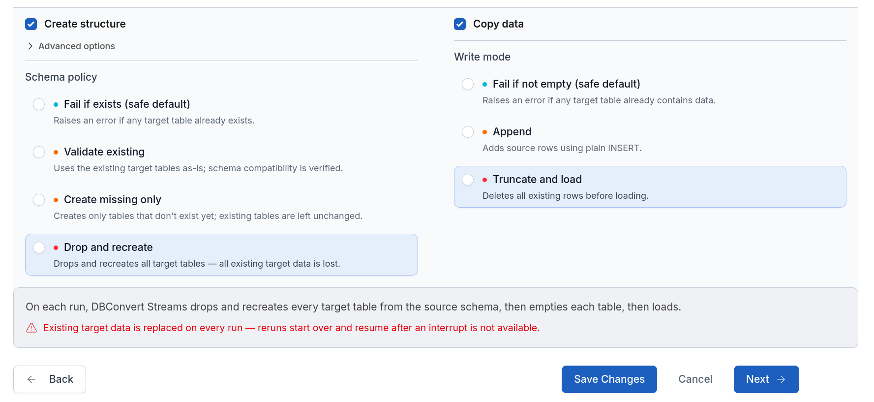 Structure and Data step for a Snowflake target showing Schema policy and Write mode options